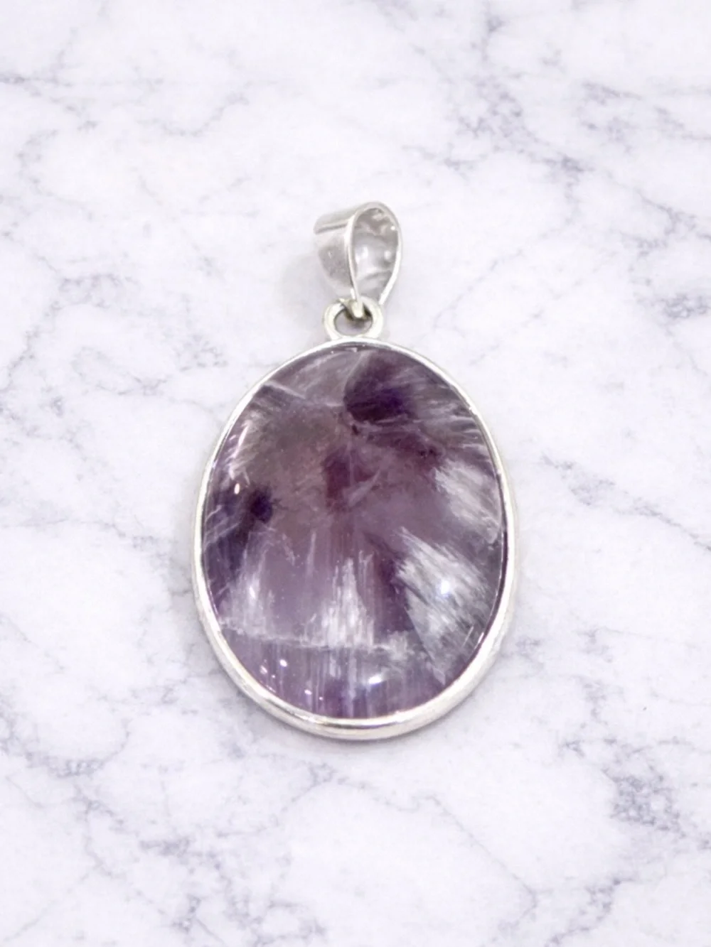 Star Amethyst Sterling Silver Pendant Large Oval Purple Crystal Statement